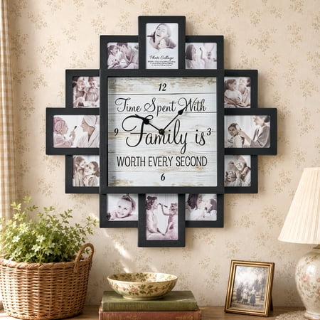 20 inch Black Picture Frame Collage Family Photo Wall Clock - 12 Slots, Farmhouse Decor for Living Room, Entryway, Bedroom