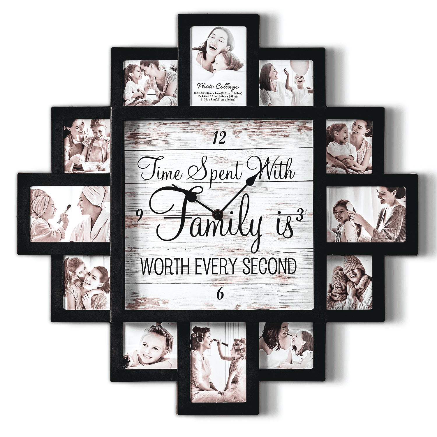 20 inch Black Picture Frame Collage Family Photo Wall Clock - 12 Slots, Farmhouse Decor for Living Room, Entryway, Bedroom