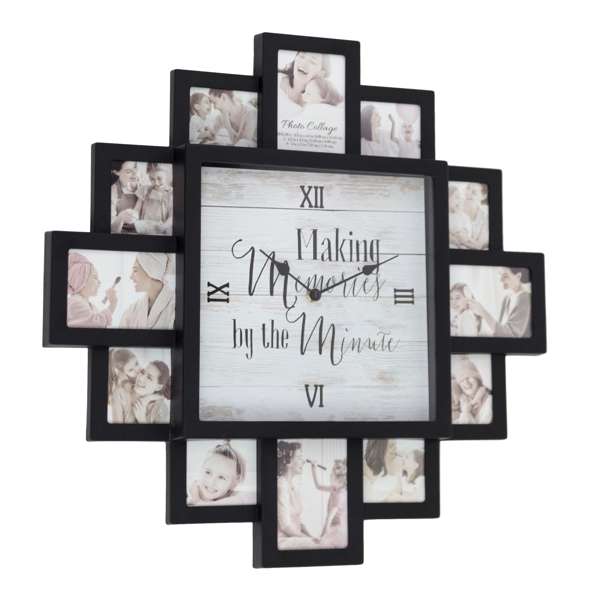 Black Picture Frame Photo Collage Clock - 12 Slots, Farmhouse Wall Decor, Wall Clock for Living Room, Bedroom, Kitchen, Office (Memories, 20"x20")