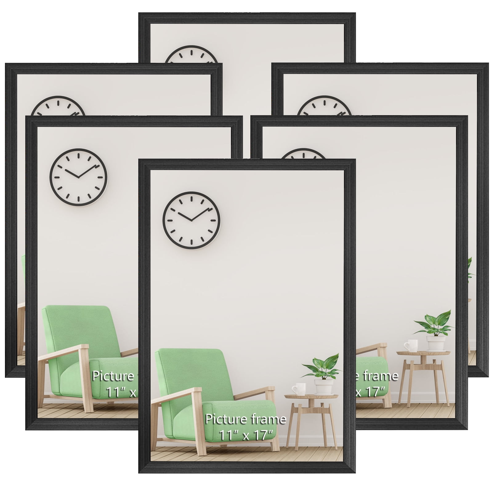 Black Picture Frame Set of 6, Made to Display 11 by 17 Inch Poster