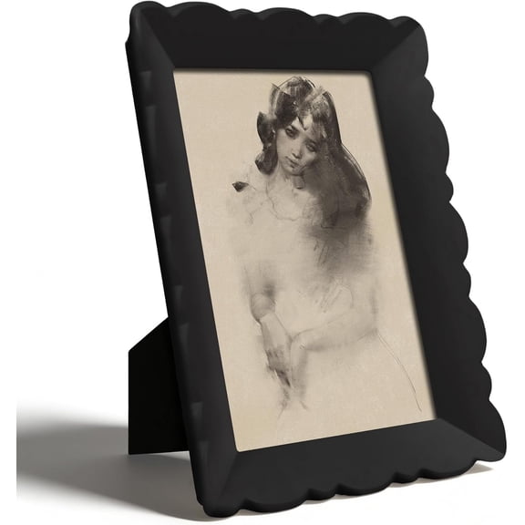 Black Picture Frames 4x6, Modern Minimalist Tabletop and Wall Display Frame for Home Dcor, Hand Painted Resin Photo Frame with Carved Scalloped Edge Design