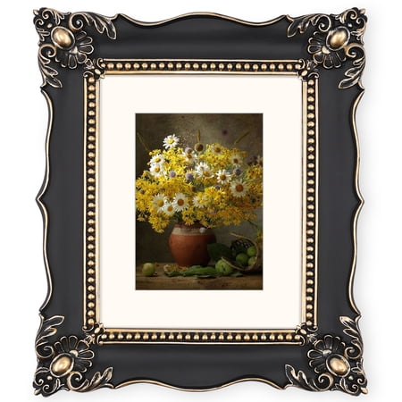 Black Picture Frames 8x10 for Wall and Tabletop, Vintage Photo Frame with Mat for 5x7 Image