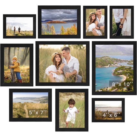 Black Picture Frames Collage Set 10 Pack, Multi Size Gallery Wall Frames for 8x10, 5x7, 4x6 Photos, Tabletop or Wall Mount Display
