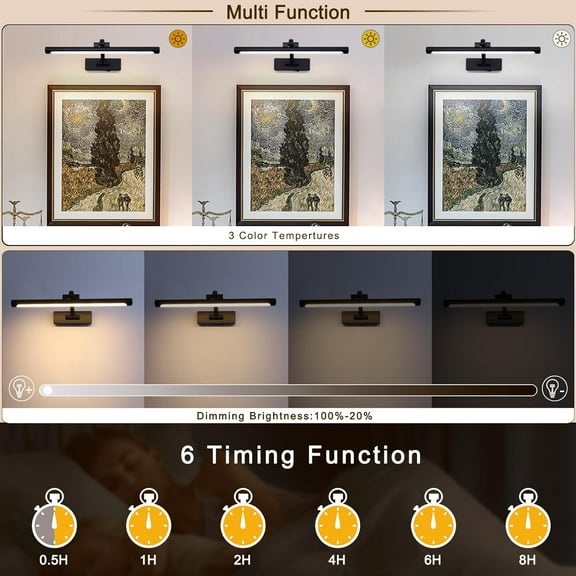 Black Picture Lights Battery Operated 16” Frame Light Rechargeable Gallery Lighting Remote Wireless Art Light for Painting Dimmable Display Lights with Timer Wall Sconce for Portrait Dartboard