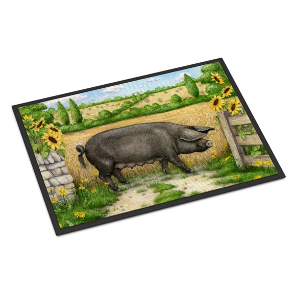 Black Pig with Sunflowers Door Mat