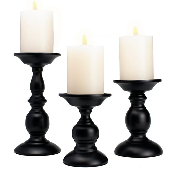 Black Pillar Candle Holders Set of 3, Vintage Candle Holder for Table Centerpiece & Fireplace Decor, Decorative Antique Candle Stand for Dining & Living Room Decoration