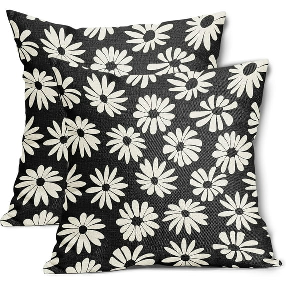 Black Pillow Covers 16X16 Inch White Floral Daisy Geometry Decorative Couch Pillow Cases Spring Summer Flower Throw Pillows Set of 2 Farmhouse Home Decor for Room Porch Patio Couch Outdoor