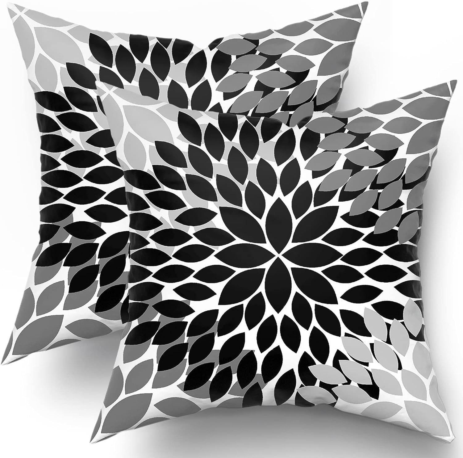 Black Pillow Covers 16X16 in Black White Grey Dahlias Floral Geometric