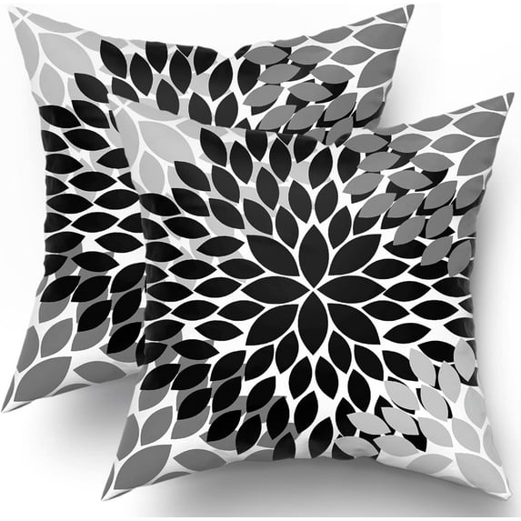 Black Pillow Covers 18X18 in Black White Grey Dahlias Floral Geometric Couch Pillow Cases with Zipper Set of 2 Farmhouse Rustic Home Decor for Living Room Bedroom Bed Cushion Outdoor