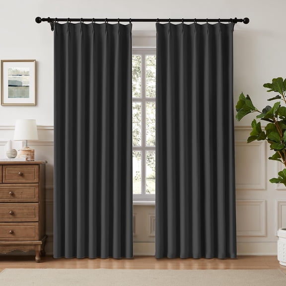 Black Pinch Pleated Blackout Curtains, Back Tab with Hooks for Track System Thermal Insulated Curtains for Living Room Bedroom, 40"W x 63"L, 2 Panels