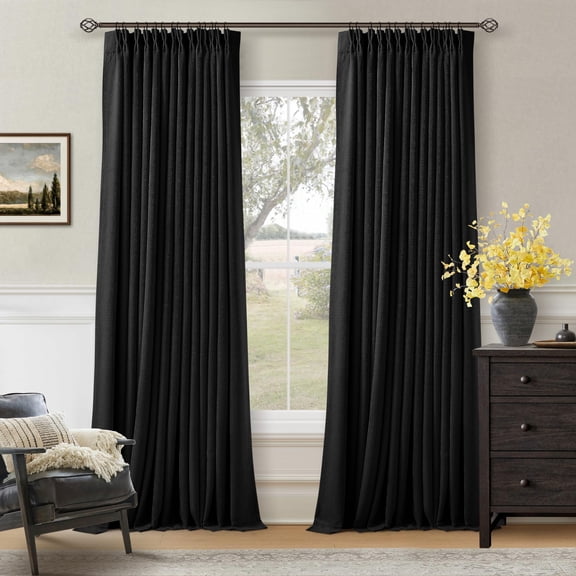 Black Pinch Pleated Blackout Linen Curta120 Inches Long For Living Room Bedroom 2 Panels Darkening Thermalulated Neutral Farmhouse Window Curtain Drape 120 Inch