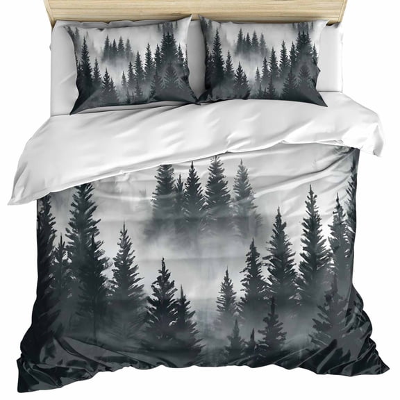 Black Pine Forest Bedding 3 Piece Duvet Cover Set Queen Size, Misty Tree Clouds Nature Soft Microfiber Comforter Cover with Zipper Closure & Pillowcases, Wrinkle & FadeResistant Quilt Cover