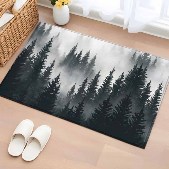 Black Pine Forest Entryway Rug 2'x3'&nbsp; Non Slip Front Door Mats, Misty Tree Clouds Nature Entrance Rugs Indoor Outdoor Carpet, Washable Floor Mats Small Area Rug for Bedroom Kitchen