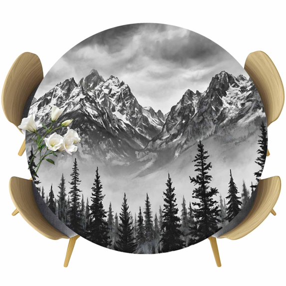 Black Pine Forest Round Tablecloth 36-44 Inch Round Fitted Table Cloth with Elastic Edge, Modern Art Snow Mountain Waterproof Table Cover Protector for Outdoor Picnic Party Dining