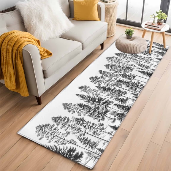 Black Pine Tree Runner Rug 2x6 FT, Non Slip Hallway Rugs, Vintage Watercolor Botanical Washable Soft Floor Carpet Non-Shedding Throw Runner Carpet Long Rug for Entryway Kitchen Bedside Sliding Door