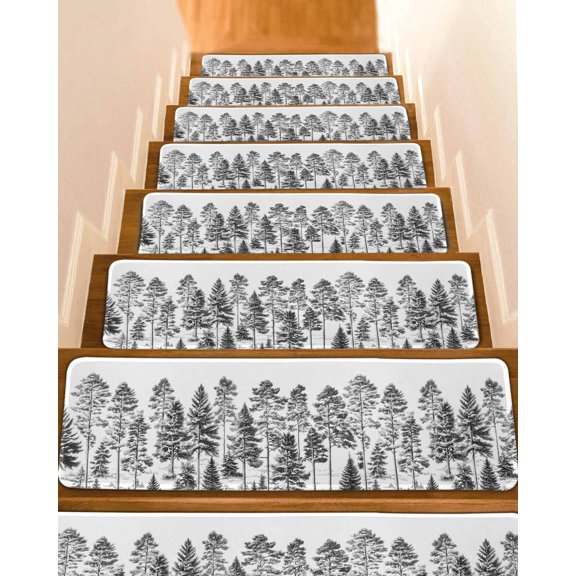 Black Pine Tree Stair Treads for Wooden Steps Indoor Runner Rug Carpet, Vintage Watercolor Botanical 4 Pieces Peel and Stick Staircase Step Treads Covers Washable Throw Door Mats, 30"x8"