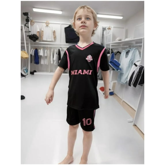 Black Pink 3 Pieces Set Jersey for Kids Soccer Jersey for Boys Girls Youth Football Jersey Children's Soccer Training Uniform 3-Piece Set Contains Socks, Shorts and Shirt Mess