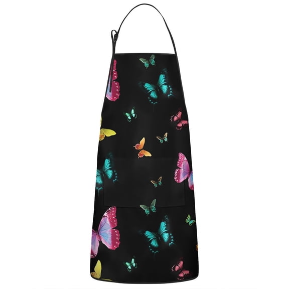 Black Pink Blue Butterfly Pattern Apron-Garden Aprons for Women with Pockets-Cotton Linen Waterproof Kitchen Cooking Gardening Aprons Adjustable for Kitchen,Cooking,BBQ and Salon 33x27 Inch