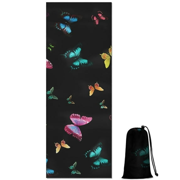 Black Pink Blue Butterfly Pattern Hot Yoga Mat Towel Non Slip for Hot Yoga - Quick-Drying Yoga Mat Cover with 4 Corner Pockets with Travel Bag - Hot Yoga Towel Non Slip 70"x26"