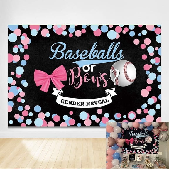 Black Pink Blue Polka Dots Baseballs or Bows Gender Reveal Backdrop Pink and Blue Boy or Girl Baby Shower Party Banner Photography Photoshoot Background