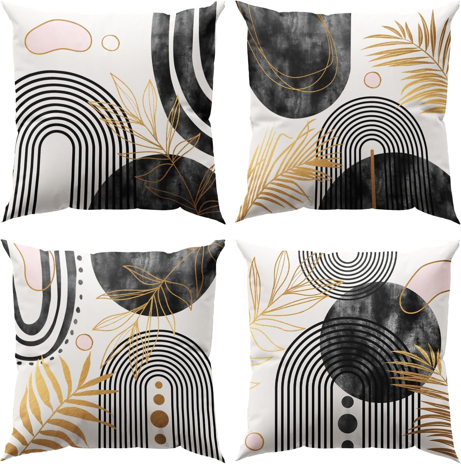 Black and Pink Boho Pillow Covers Set of 4 20x20 Inch Tropical Leaf Throw Pillows with Geometric Bohemian Design for Mid Century Modern Living Room Couch Decor Vibrant and Trendy