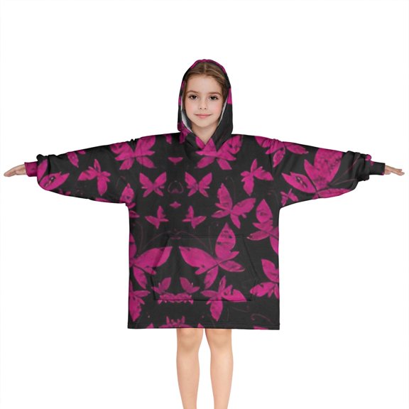 Black Pink Butterfly Pattern Blanket Hoodies for Kids 6-13YR Oversize Wearable Blanket Hoodies for Boys Girls Teens