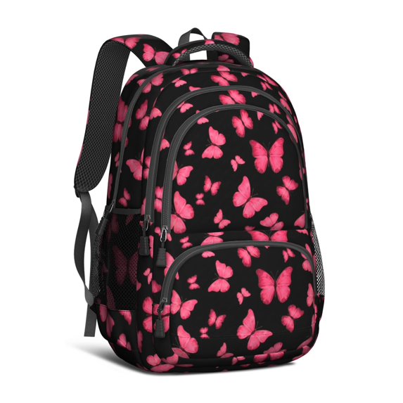 Black Pink Butterfly Pattern Cute School Backpack Bag with Padded Back and Adjustable Shoulder Straps 16.9 X 12.6 X 5.9 Inches
