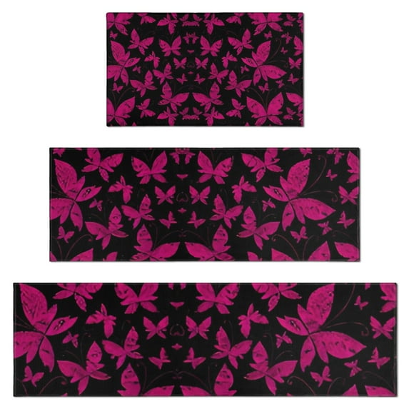 Black Pink Butterfly Pattern Kitchen Rugs Sets Of 3,Kitchen Runner Rugs Non Skid Washable,Decorative Kitchen Floor Mats for Kitchen,Sink,Laundry,17"x30"+ 17"x47" + 17"x59"