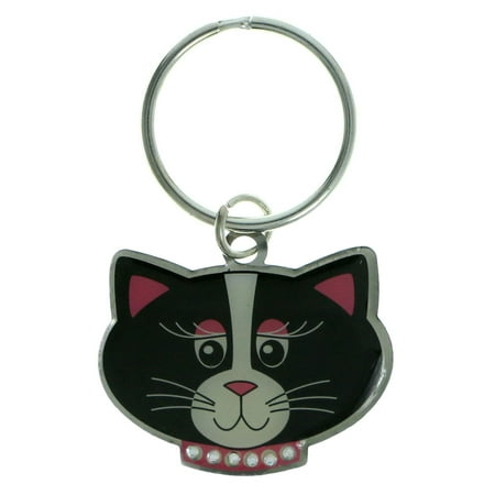 Black & Pink Cat Face with Rhinestone Collar Shaped Split-Ring-Keychain