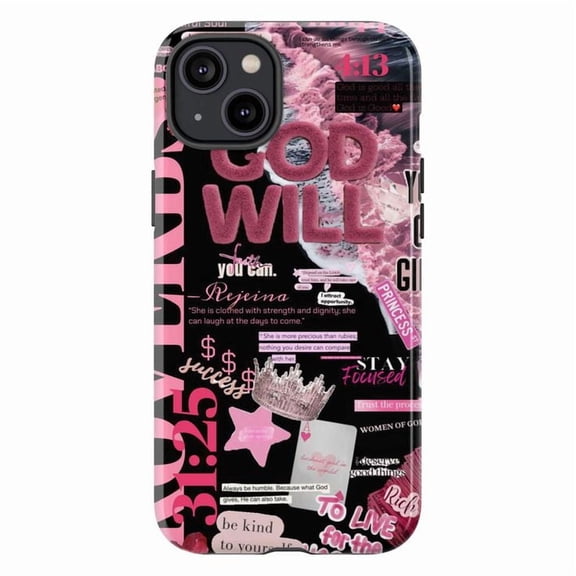 Black Pink Christian Princess Phone Case, God Will Quotes Success Cover for iPhone 17 16 15 14 13 12 11 Plus Pro Max Mini