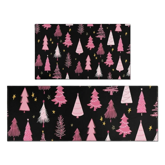 Black and Pink Christmas Tree Pattern Kitchen Rugs Sets Of 2,Anti Fatigue Kitchen Mat Rugs Non Slip Washable,Decorative Kitchen Floor Mats for Kitchen,Sink,Laundry,17"x30"+17"x47"
