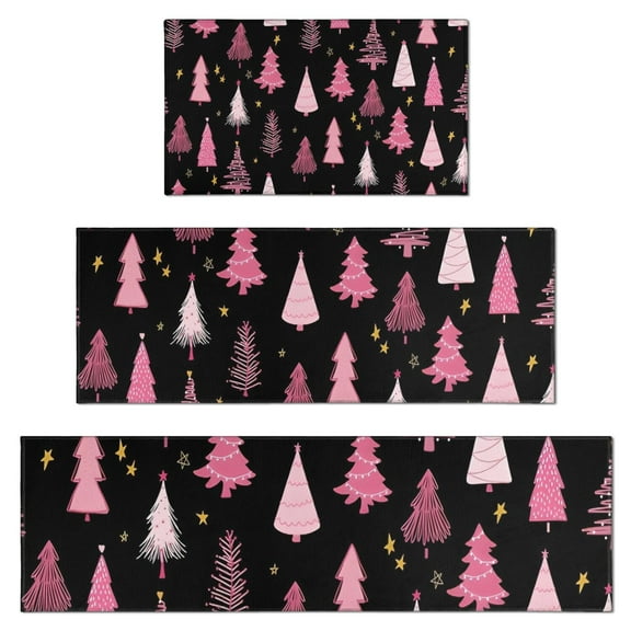 Black and Pink Christmas Tree Pattern Kitchen Rugs Sets Of 3,Kitchen Runner Rugs Non Skid Washable,Decorative Kitchen Floor Mats for Kitchen,Sink,Laundry,17"x30"+ 17"x47" + 17"x59"