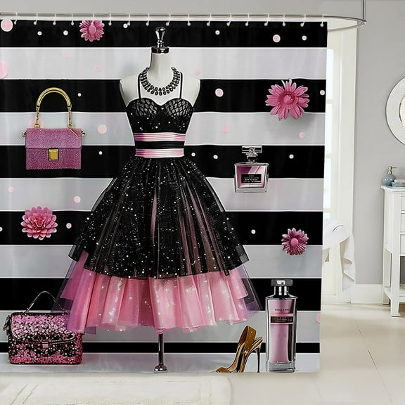 Black Pink Fashion Shower Curtain Modern Fashion Woman Dress Bath Curtain Black White Stripe Bathroom Decor Perfume Print Waterproof Curtain Romantic Makeup Themed Curtain,72"Wx84"L
