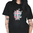 thumbnail image 1 of Black Pink Floral Cross Watercolor T-Shirt Christian Faith Religious Belief Inspirational Message Casual Wear Tops S-5XL, 1 of 5