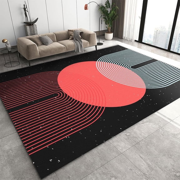 Black and Pink Geometric Circle Pattern Area Rug, Nordic Bohemian Art Style Indoor Rugs, with Anti-Slip Backing Washable Carpet for Living Room Bedroom Study Dining Room 5' x 8'