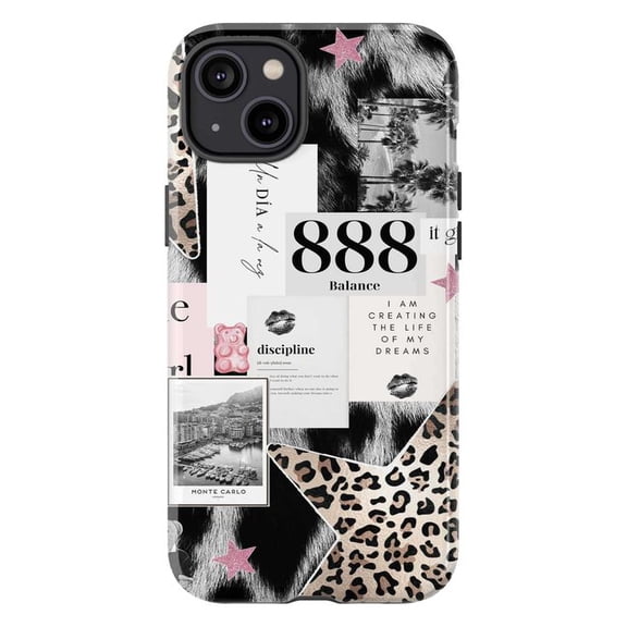 Black & Pink Glam Collage Phone Case, Luxury Leopard Pattern Motivational iPhone Cover, Aesthetic Case for iPhone 17 16 15 14 13 12 11 Plus Pro Max Mini