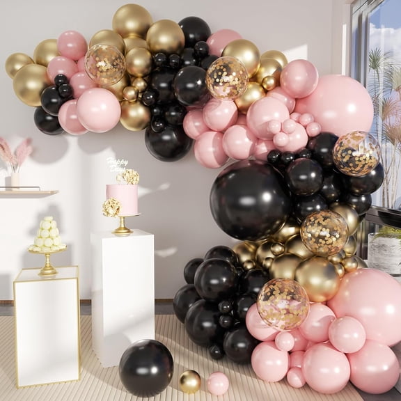 Black Pink and Gold Balloon Garland Arch Kit, 156 Pastel Pink Matte Black Metallic Gold Balloons for Women Girls Party Birthday Wedding Bridal Shower Bachelorette Anniversary Graduations