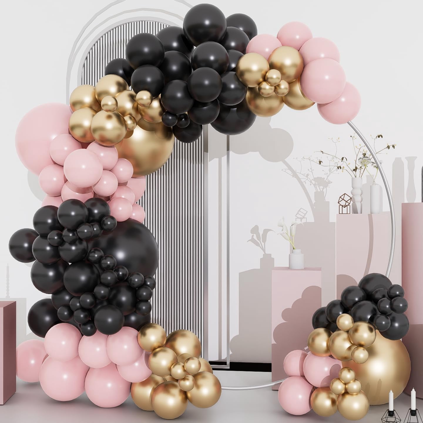 Black Pink and Gold Balloons Arch Kit, 134pcs 18/12/10/5inch Black Pastel Pink Chorme Gold Balloons Garland for Princess Birthday Wedding Bridal Baby Shower Bachelorette Mother's Day Party Decoration