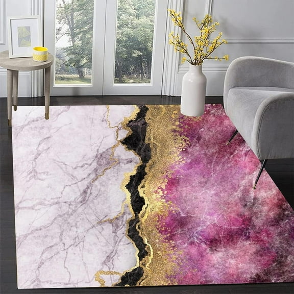 Black Pink and Gold Marble Texture Modern Abstract Area Rug for Livingroom Diningroom Washable Soft Aesthetic Bedroom Meetingroom Floor Carpet Lux Office Kitchen Runner 5x6ft