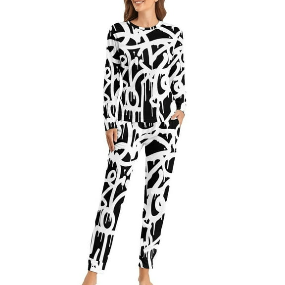 Black Pink Graffit Pajamas Letter Print Kawaii Pajama Sets Lady 2 Piece Casual Oversized Design Nightwear Gift Idea