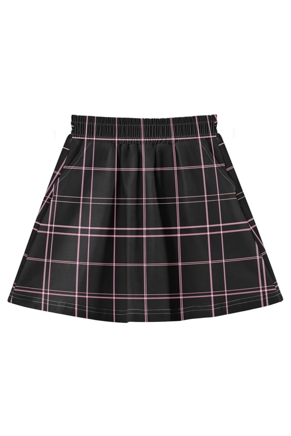 Black Pink Grid Pattern Cotton Skirt Built-in Liner Elastic A-Line Flared Skirt with Pockets