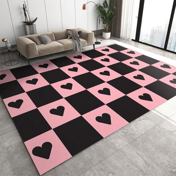 Black and Pink Heart-Shaped Pattern Area Rug, Geometric Cute Chessboard Background Indoor Non-Slip Rugs, for Living Room Bedroom Sports Room 2' x 3'
