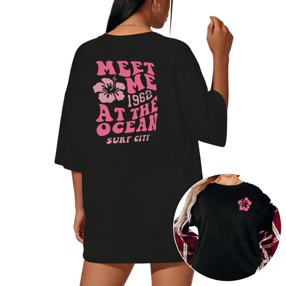Black Pink Hibiscus Ocean Print Tshirt S-5XL Graphic Tees Shirts Beach Cute Holiday Tops