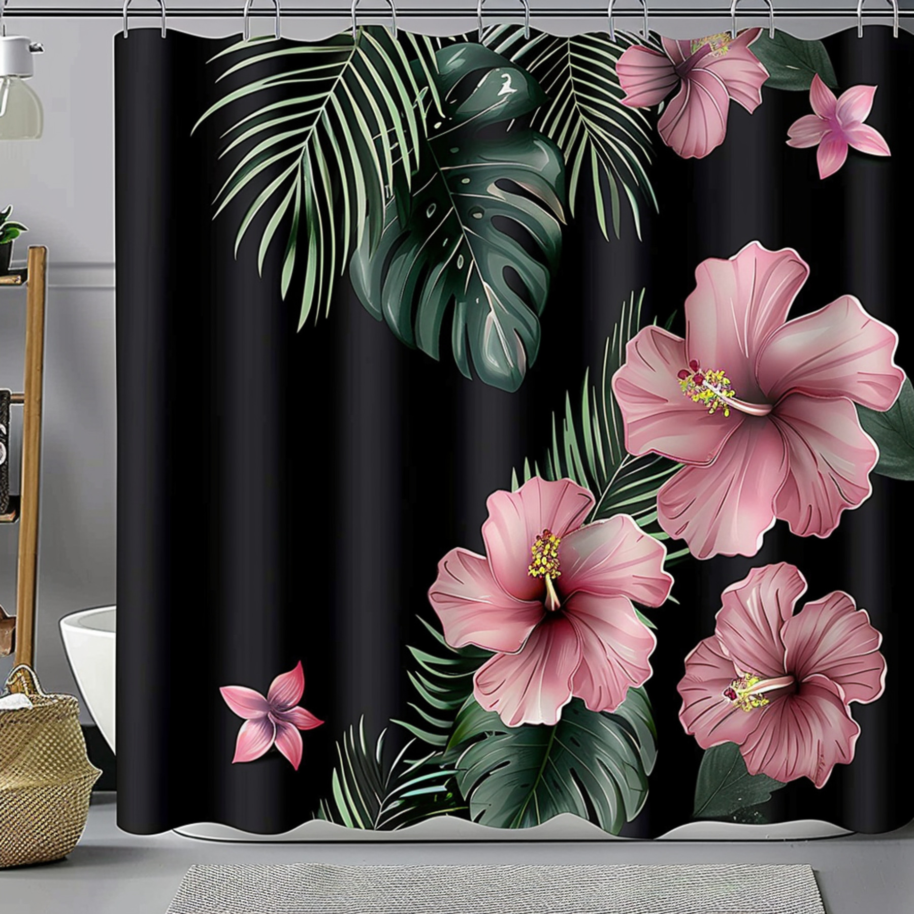 Black Pink Hibiscus Tropical Floral Shower Curtain Set Palm Leaves Bathroom Decor with Wide