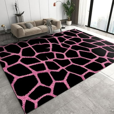 Black And Pink Leopard Pattern Area Rug, Abstract Geometric Color Block Art Large Rugs, With Non-Slip Rubber Backing Washable Carpet For Living Room Bedroom Dining Room Office 2 x 3ft