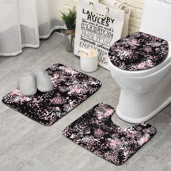 Black and Pink Of Leopard Print Bathroom Rugs Sets 3 Piece,Toilet Cover Set,Absorbent Non Slip Bathroom Mats Sets with U-Shaped Contour Rug Toilet Rug Set