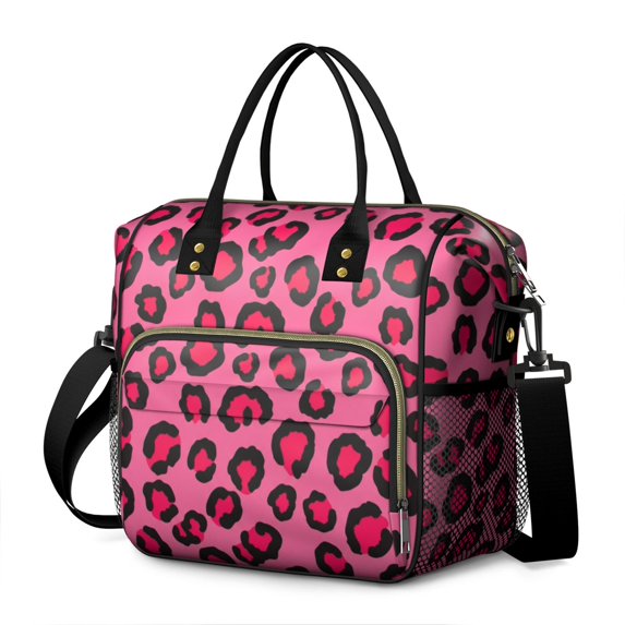 Black and Pink Leopard Print Insulated Leakproof Lunch Box for Women, Large Lunch Bag for Tween Teen Adult, Loncheras Para Mujer for Work Beach Travel Picnic Camping