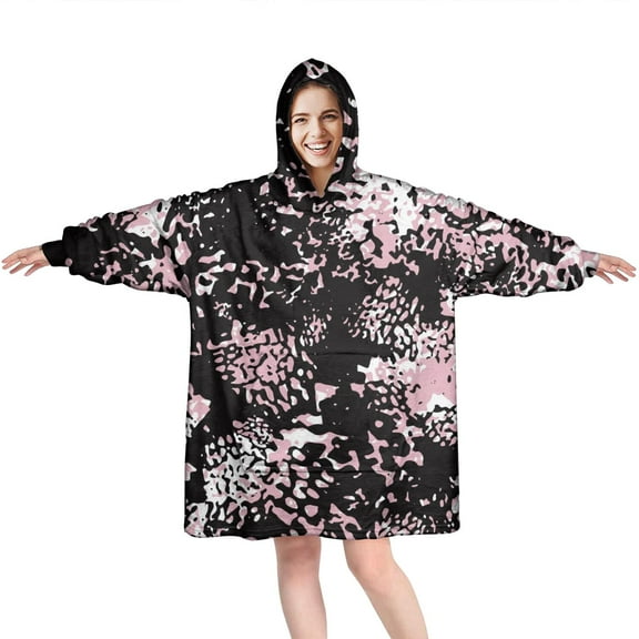 Black and Pink Of Leopard Print Wearable Oversized Blanket,Wearable Blanket Hoodie for Adults,Cozy Hooded Blankets with Super Pockets,Super Warm Fuzzy Pullover for Women & Men