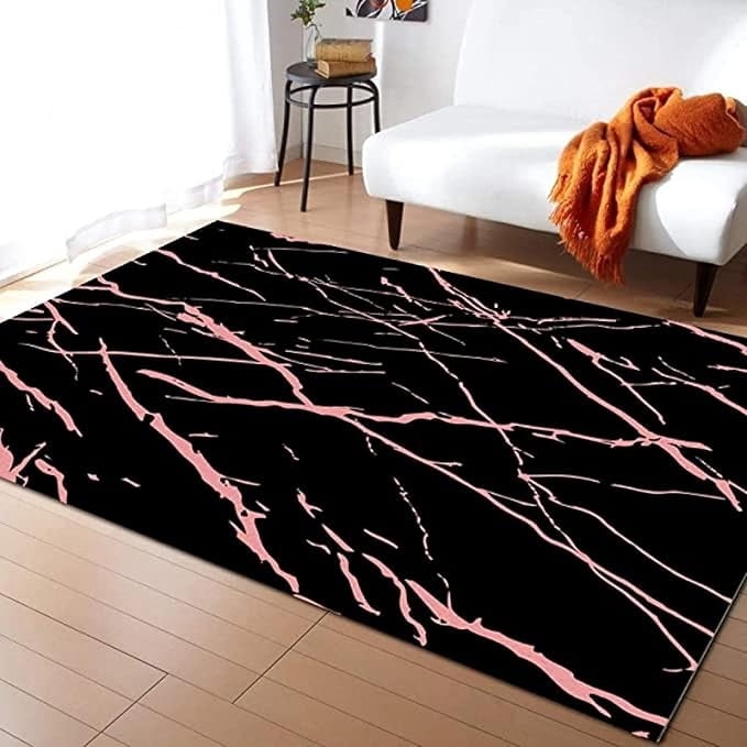 Creak Pattern Rug Black Pink Marble Area Rug, Abstract Crack Geometric Pattern Rectangle ...