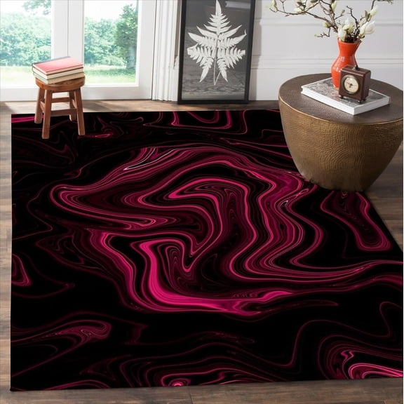 Black Pink Marble Area Rugs, Liquid Swirl Abstract Design Carpet, Washable Non Slip Low Pile Rug for Bedroom Dining Room Playroom Decor Mat 4x5ft